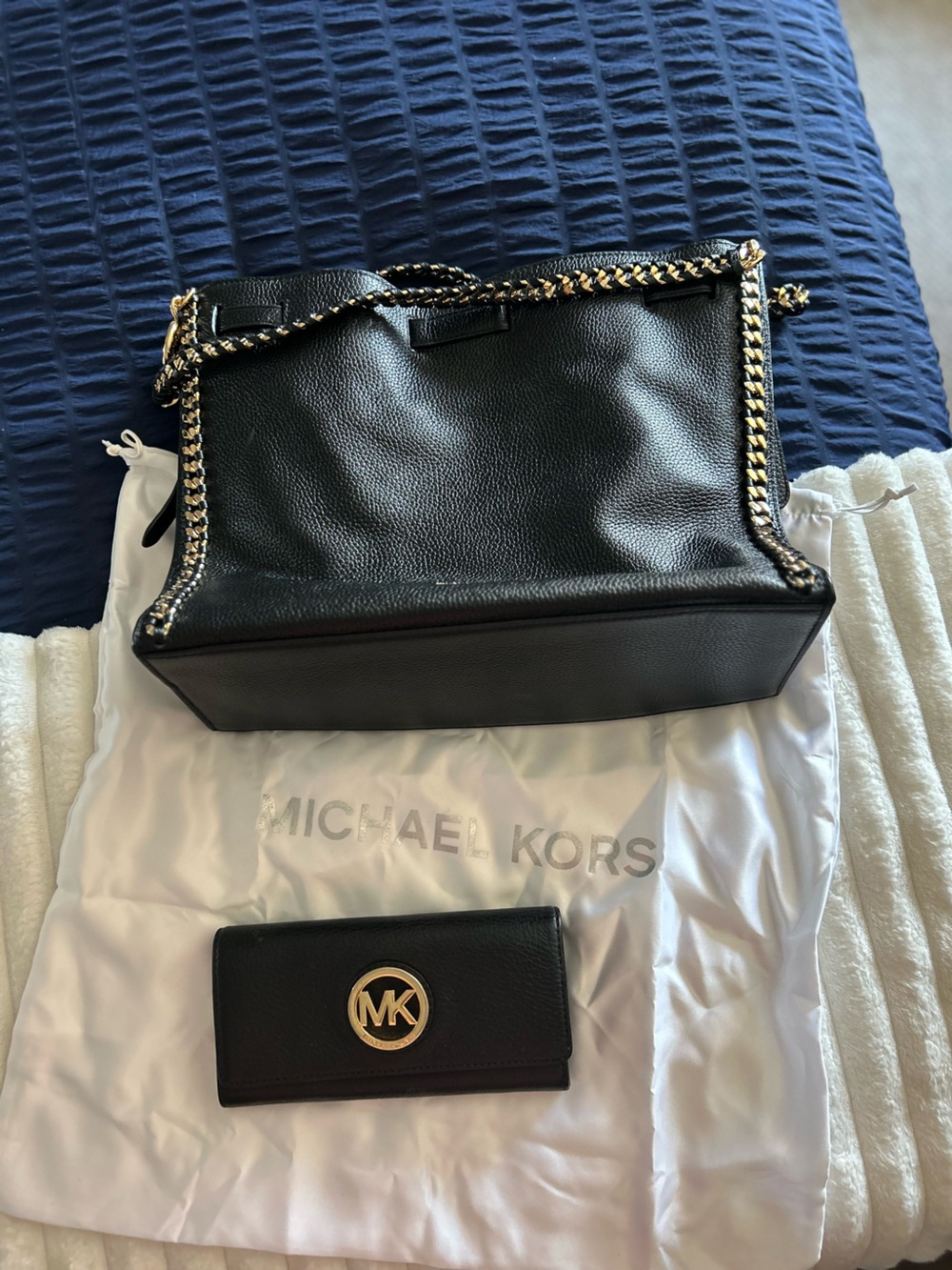 Michael Kors Black Leather Shoulder Tote with Gold Chain Trim